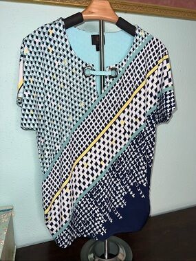JM Collection Navy, White & Mint Geo-Print Short Sleeve Top